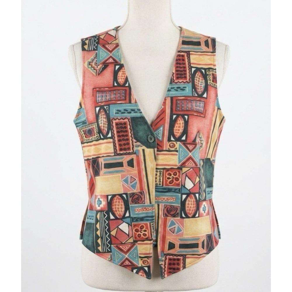VTG 90s Geometric Print Vest M  Abstract Art Eclectic Rachel Friends Retro Boho